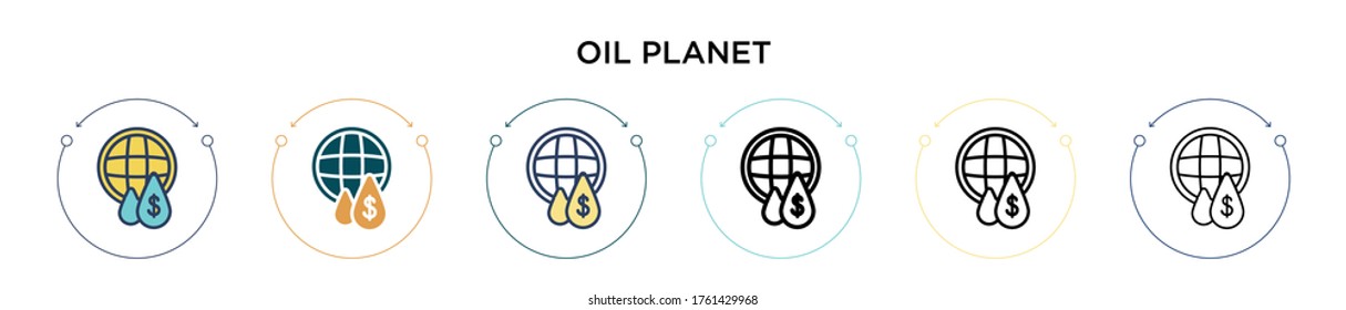 Öl Planet Symbol in vollem, dünnen Linie, Umriss und Strich Stil. Vektorgrafik von zwei farbigen und schwarzen Ölplaneten Vektorgrafiken-Designs kann für mobile, ui, web-basierte