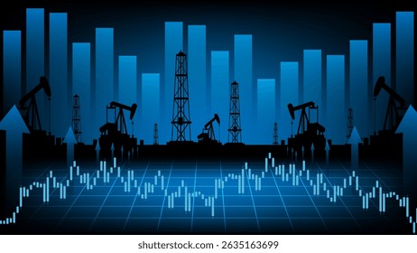 Oil plant silhouette with graph analysis industrial zone digital illustration nighttime environment aerial view