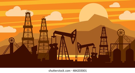 Oil platform concept. Oil derricks and pumps on an orange background