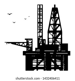 Oil platform derrick silhouette.  Platform drilling offshore oil, vector  hand-drawn.
