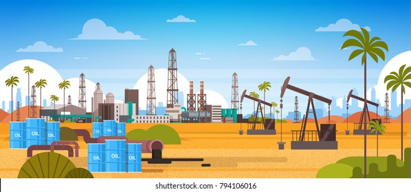 Oil Platform In Desert East Petrolium Production And Trade Concept Flat Vector Illustration