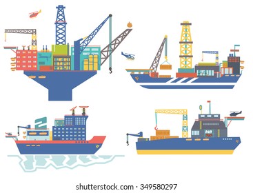 Oil platform, drillship, oil and gas barge, icebreaker vector illustration,oil offshore industry.