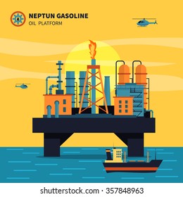  Oil Platform For Oil Extraction With Ship Sea And Helicopters Flat Vector Illustration 