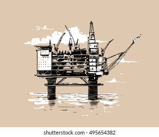 Oil platform. Hand drawn sketch illustration