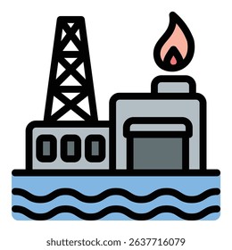 Oil platform icon flat line style illustration representing offshore drilling and energy extraction, suitable for oil and gas, industrial, and environmental projects
