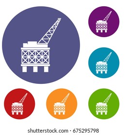 Oil platform icons set in flat circle reb, blue and green color for web