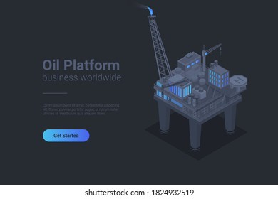 Oil Platform Isometric Flat Black Monochrome Vector Concept.