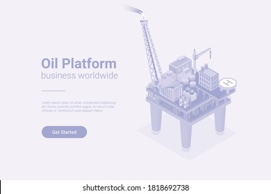 Oil Platform Isometric Flat white monochrome vector concept.
