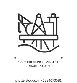 Icono lineal de la plataforma de aceite. Toma de bombeo. Plataforma de perforación en alta mar. La minería en alta mar. Industria del gas y el petróleo. Económico energético. Ilustración de línea delgada. Símbolo de contorno. Dibujo del contorno del vector. Trazo editable