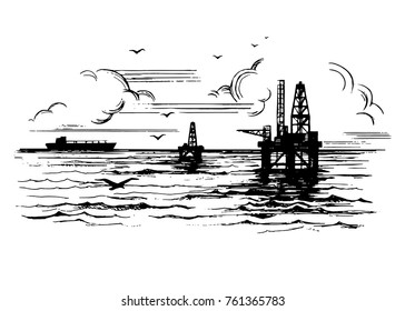 Plataforma petrolera en el fondo del océano. Paisaje dibujado con nubes y gaviotas. Dibujo dibujado a mano