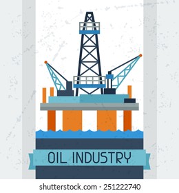 Oil Platform In Sea Background. Industrial Illustration In Flat Style.