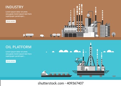 Oil Platform In Sea Background. Industrial Illustration In Flat Style.