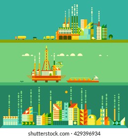 Oil platform in sea background. industry factory. Industrial illustration in flat style. Factory