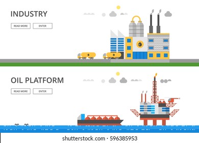 Oil platform in sea background. industry factory. Industrial illustration in flat style.