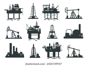 Oil platform silhouette. Offshore petroleum jack derrick tower, energy industry gas extraction plant, fuel production and transportation. Vector illustration of petroleum gas industry silhouette