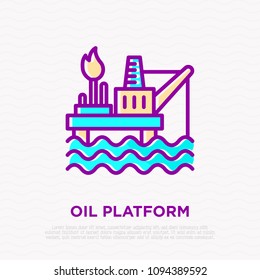 Oil platform thin line icon. Modern vector illustration of oil extraction from the sea.