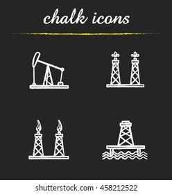Oil platforms chalk icons set. Drilling rig, offshore well, gas and petroleum production. Isolated vector chalkboard illustrations