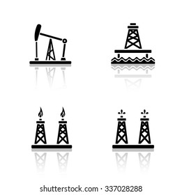 Oil platforms drop shadow icons set. Drilling rig, offshore well, gas and petroleum production industry. Cast shadow logo concepts. Fossil drilling towers. Vector black silhouette illustrations