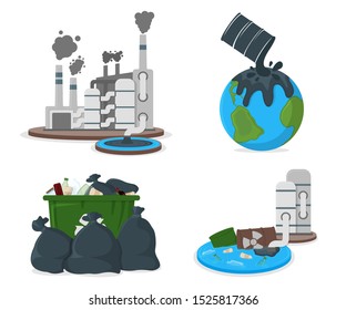Oil Pollution Concept Icon and Label. Earth Pollution by Petroleum and CO2. Factory Catastrophe Symbol, Icon and Badge. Cartoon Vector illustration.