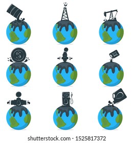 Oil Pollution Concept Icon and Label. Earth Pollution by Petroleum. Technogenic Catastrophe Symbol, Icon and Badge. Cartoon Vector illustration.