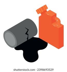 Oil pollution icon isometric vector. Oil slick from damaged barrel and canister. Chemical pollution, ecology disaster