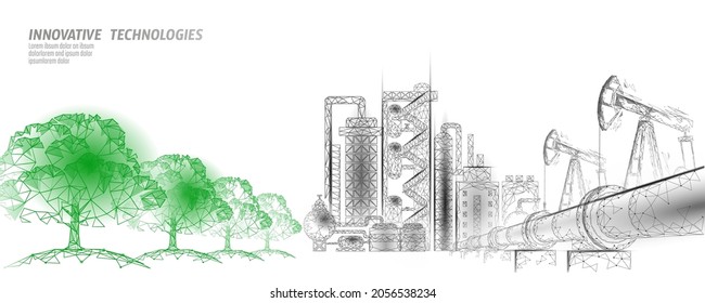 Oil pollution problem concept. Oil gas petroleum environmental disaster pipeline refinery complex. Industry air soil waste toxic solution 3D vector illustration