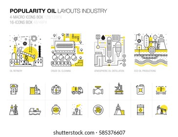 Oil popularity modern layouts global industry in new flat line style. Gas station technology and petroleum systems development. Infographics strategy program. Pictogram for design.