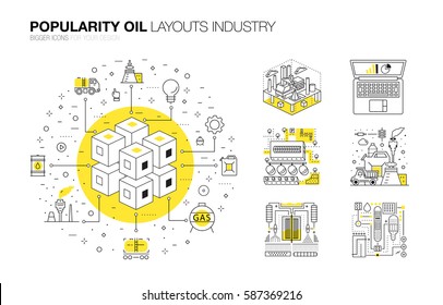 Oil popularity modern layouts global industry in new flat line style. Gas station technology and petroleum systems development. Infographics strategy program. Pictogram for design.