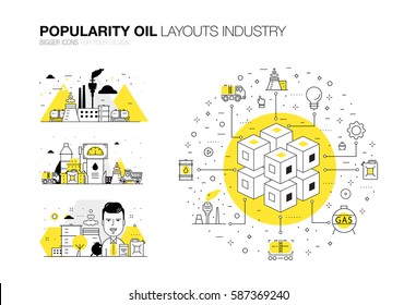 Oil popularity modern layouts global industry in new flat line style. Gas station technology and petroleum systems development. Infographics strategy program. Pictogram for design.