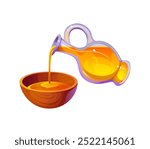 Oil pouring from a glass jug into a wooden bowl. Isolated cartoon vector moment of culinary preparation, cooking process, food and kitchen activities, highlights the fluidity and richness of the oil