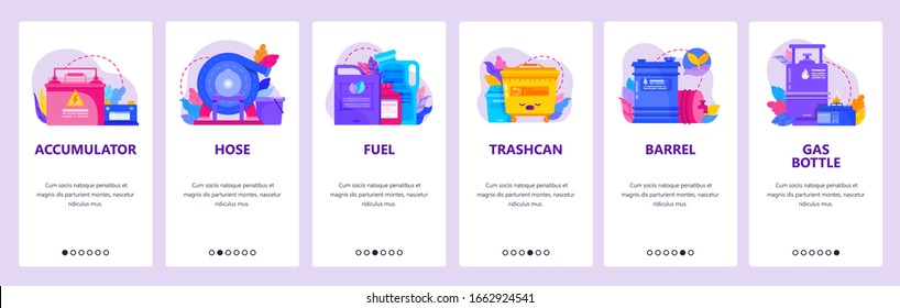 Oil and power energy industry icons. Gas bottle, fuel, accumulator, oil barrel. Mobile app onboarding screens. Vector banner template for website and mobile development. Website design illustration.