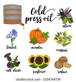 oil press and plant set white background