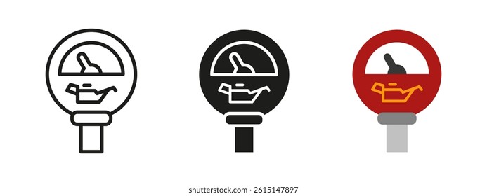 Oil pressure icon. Engine gauge vector illustration. Automotive dashboard symbol with warning indicator. Mechanical meter for monitoring oil levels. Vehicle maintenance and fluid pressure pictogram.