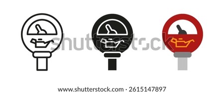 Oil pressure icon. Engine gauge vector illustration. Automotive dashboard symbol with warning indicator. Mechanical meter for monitoring oil levels. Vehicle maintenance and fluid pressure pictogram.