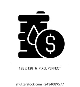 Oil price black glyph icon. Energy transition. Petrol barrel. Stock market. Fuel economy. Global trade. Crude oil. Silhouette symbol on white space. Solid pictogram. Vector isolated illustration