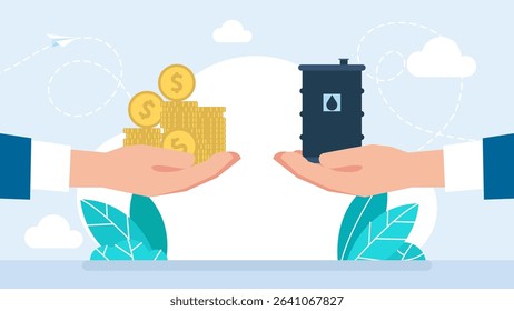 Oil price. Businessman buys сrude oil. Concept of opposition on oil market. Seller hand holding oil barrel. Sale of petroleum products and fuels. Buyer with cash money. Vector illustration