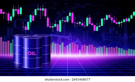 Oil price chart per barrel. Crude oil barrels on world map blue violet background. Stock market trading graph chart. Volatility analysis of energy markets. Influence of economic insiders. Vector