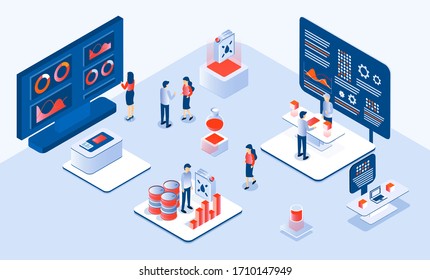 Oil price concept vector in isometric style. Petroleum stock market crisis or profit. Tiny businessmen are selling or buying oil in a panic. Oil tanks, barrels are shown.