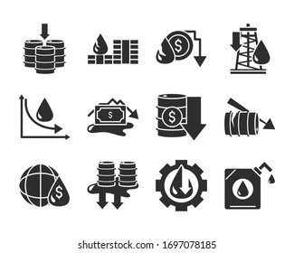 oil price crash trade crisis economy business financial icons set vector illustration silhouette style icon