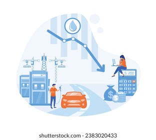 Vector de concepto de reducción de precios del petróleo. Crisis del mercado petrolero. Impacto del corona-virus en la caída de los precios del petróleo. ilustración moderna de vector plano