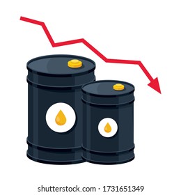 Oil price drop. Falling barrels. illustration of oil companies crisis vector. Petroleum industry concept.