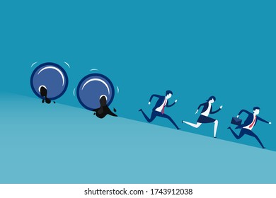 Oil price drop vector concept: Business people running downhill to avoid oil drums
