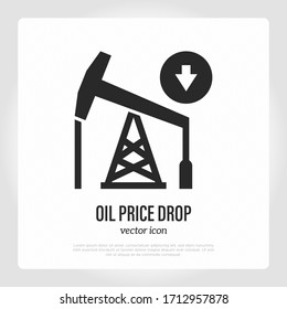 Oil price drops. Oil rig with arrow down. Thin line icon. Financial crisis vector illustration.
