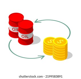 El precio del petróleo. Concepto de intercambio de petróleo. Juego de tambores de petróleo y moneda de un dólar. Ilustración isométrica 3D. Vector aislado para icono, presentación, infografía, sitio web, aplicaciones y otros usos.