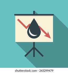 Oil price fall concept illustration with black drop symbol and decreasing graph on flipchart. Eps10 vector illustration.