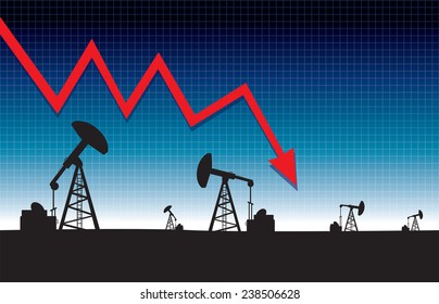 Oil Price Fall Graph Illustration On Oil Pump Field At Dawn Background.vector Illustration