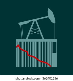 Oil price fall graph illustration. Oil pump icons on down fall chart. Red arrow. Bar code loading