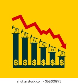 Oil price fall graph illustration. Oil pump and dollar icons on down fall chart. Red arrow