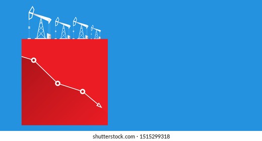 Oil price falling down graph vector 
 concept horizontal banner with arrows and oil rigs isolated on blue background. vector business market illustration background