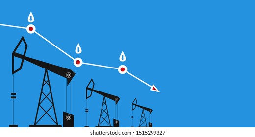 Oil price falling down graph vector 
 concept horizontal banner with arrows and oil rigs isolated on blue background. vector business market illustration background